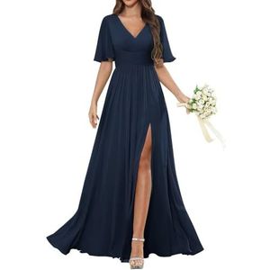 HPPEE Damesjurk met korte mouwen en V-hals, chiffon, bruidsmeisjesjurk met split en plooien, lange formele avondjurk, Donkerblauw, 32