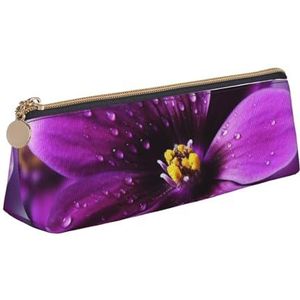 Dwrepo Lederen etui voor vrouwen mannen potlood tas met rits draagbare etui paarse bloem pen tas kleine make-up tas munt zakje voor werk kantoorbenodigdheden