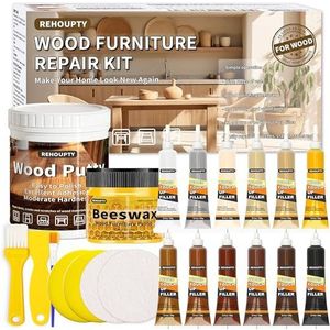 REHOUPTY Houten Meubel Reparatieset, Vloerreparatieset Inclusief Houtplamuur & 12 Kleuren Hout Bijwerkplamuur en Bijenwas, Vinyl Vloer Reparatieset voor Krassen, Scheuren, Vlekken, Gaten