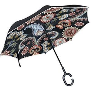 RXYY Winddicht Dubbellaags Vouwen Omgekeerde Paraplu Etnische Paisley Bloem Waterdichte Reverse Paraplu voor Regen Bescherming Auto Reizen Outdoor Mannen Vrouwen