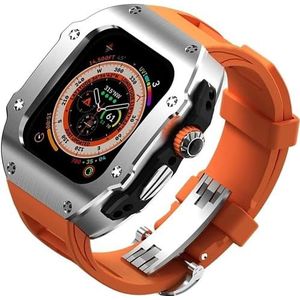 dayeer Roestvrij stalen metalen behuizing fluorrubber horlogeband voor Apple Watch ULTRA2 49 mm, metalen afdekband modificatiekits voor Iwatch Ultra (Color : OrangeS, Size : Ultra2 ultra 49mm)