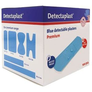 Detectaplast blauwe pleisters Premium, metaaldetecteerbare, waterdichte en vuilwerende pleisters sensitive, voor de voedingsindustrie, catering en grootkeuken, 25 x 72 mm, 100 stuks