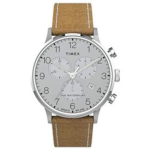 Timex Men's Waterbury Classic Chronograph 40mm Leather Strap Watch, Stainless Steel/White/Tan (TW2T71200), One Size