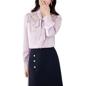 ROUZIHU Kantstiksel Chiffon Shirt Strik Licht Luxe Klein Shirt Lange Mouw Dames Shirt(Purple,XX-Large)