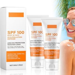 Sunscreen Spf 100, Lichaam en Gezicht Zonnebrandcrème, Inclusief UVB/UVA Zonnebrand Lotion 50g, Niet vet, Geschikt voor Alle Huidtypes (2 stuk)