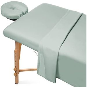 Saloniture 3-delige microvezel massagetafellakenset - premium gezichtsbedhoes - inclusief platte en hoeslakens met gezichtshouder cover - zeeschuim groen