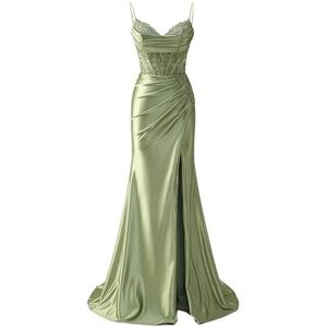 YIANN Satijnen baljurk met spaghettibandjes voor dames, met split, kant, applicatie, zeemeermin, lange baljurk, formele jurk, Sage Groen, 32
