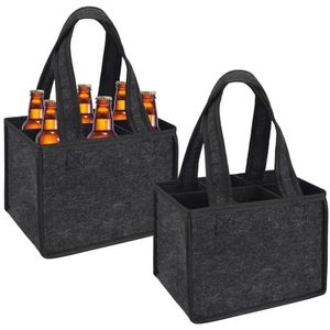 Euleryoo 2 stuks vilten tassen, flessentas, bierdrager, flessendrager voor 6 flessen, herenhandtas, vilten flessentas, vilten tas met vakken, 24 x 18 x 16 cm, biercadeaus voor bierliefhebbers, grijs,