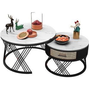 MAXCBD Leisteen ronde salontafel combinatie, ronde nesttafel set van 2, stapelbank bijzettafels, met een lade (kleur: wit)