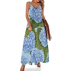 Blauwe hortensia dames sling maxi-jurken V-hals casual mouwloze verstelbare riem sexy lange jurk