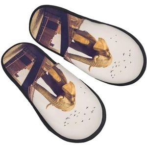 Olifant On A Bridge Print Slippers Zachte Pluche Huis Slippers Warme Slip-on Slides Gezellige Indoor Outdoor Slippers voor Vrouwen, Zwart, one size