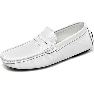 Herenloafers Rijden Penny Loafers PU lederen bootschoenen Comfortabel antislip Outdoor Fashion Slip On (Color : White, Size : 45.5 EU)