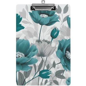 Plastic Klembord Laag Profiel Klassiek Groenblauw Grijs en Wit Bloemen Gedrukt Acryl Metalen Klembord A4 Papier Maat (lengte 31,8 cm x Breedte 8,5 inch) Geschikt voor Kantoor, Studenten, Leraren