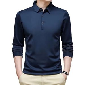 Heren poloshirt lange mouw effen kleur lente en herfst zakelijke sport knop shirts donkerblauw XL 65-73kg