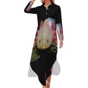 Axolotl Maxi-jurk voor dames, lange mouwen, knoopsluiting, vrije tijd, party, lange jurk, 4XL