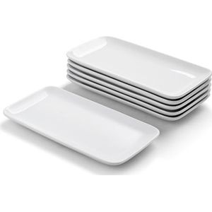 WishDeco Set van 6 Kleine Dienbladen, Rechthoekige Serveerborden 23x12 cm, Witte Porseleinen Dinerborden, Platte Borden voor Voorgerecht, Dessert, Taart, Salade, Sushi