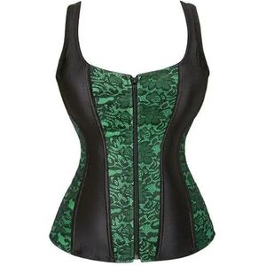 Steampunk Bandjes Overbuste Korset Met Cup Rits Sexy Jacquard Bloemen Corset Taille Cincher Bustier Lingerie Top Plus Size, 2928groen, S