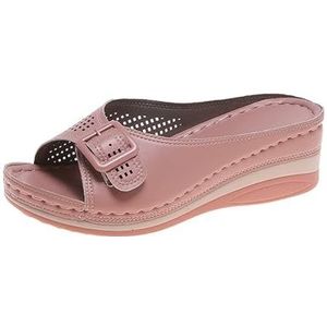 Dames Orthopedische Sandalen Vintage Sleehak Slippers 2024 Zomer Peep Toe Slippers PU Lederen Pantoffels Rubberen Platformslippers Met Gesp Vrijetijdsstrandschoenen (Color : Pink, Size : 43 EU)