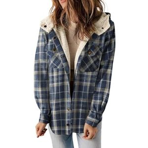 KIKIATA Dames geruite print knop voorkant capuchon jas, flanel shacket jas lange mouw button down fleece capuchon jassen warme herfst winter jas casual werk (blauw, L)