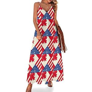 Vlag van VS en Canada voor dames, zomer, maxi-jurk, V-hals, mouwloos, spaghettibandjes, lange jurk