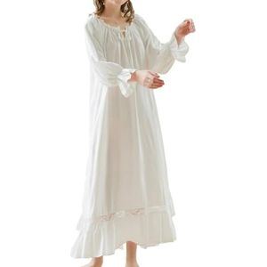 LLECDASEUI Victoriaanse paleis lange mouw maxi nachthemden vintage kant geborduurde nachtjapon zoete prinses pyjama voor dames, Wit 02, L