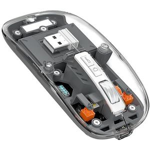MAGIC-REFINER Draadloze Muis, 2.4 GHz of Bluetooth 5.0 Wireless Mouse, Stille Klikken, Oplaadbare, 2400DPI USB-C Transparante Gaming Mouse, Batterijniveau Zichtbaar, Laptop/Win/Mac/Chrome, Grijs