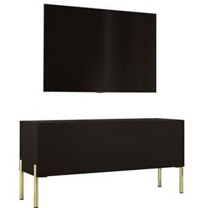 3E 3xE living.com TV-kast in mat zwart / zwart hoogglans met poten in goud, A: B: 100 cm, H: 52 cm, D: 32 cm. TV-meubel, tv-tafel, tv-bank