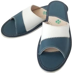 MARKA WYROBY WEŁNIANE Pantoffels voor dames, zomerslippers, van leer, met leren binnenzolen, open - slippers, damespantoffels, blauw, wit, 35 EU
