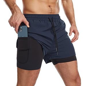 Danfiki Sportshorts 2-in-1 voor mannen, ademend, met zakken, sneldrogende sportbroek met zak, sportlegging, Base Layer Stretch, marineblauw, S