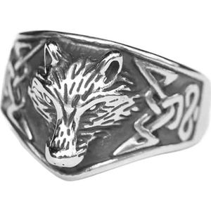 Viking Wolf Head Ring Voor Mannen - Noordse Roestvrijstalen Vintage Keltische Knoop Odin Wolf Ring - Unisex Fenrir Amulet Duimring Dierenmode Biker Sieraden Cadeau (Color : Silver, Size : 07)