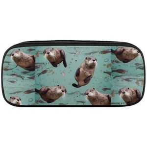 VFMKT Lederen Potlood Tas Waterdichte Leuke Pen Case Reizen Cosmetische Make-up Tas Organizer Pen Houder voor Mannen Vrouwen, Otters, Stijl, Eén maat