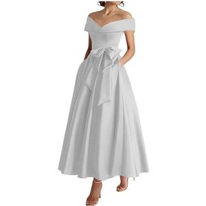 WSEYU Off Shoulder Moeder van De Bruid Bruidegom Jurken Satijn Boog Formele Avond Grootmoeder Jurken Thee Lengte ZM289, Zilver, 32