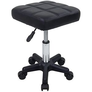 FURWOO Vierkante Swivel Kruk Met Wielen - PU Leahter Rolling, Hoogte Verstelbaar Voor Spa Salon Massage - Zwart
