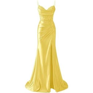 YIANN Satijnen baljurk met spaghettibandjes voor dames, met split, kant, applicatie, zeemeermin, lange baljurk, formele jurk, Geel, 32