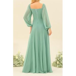 Prinses Bruidsmeisje Jurken Lange Mouw Prom Jurken V-hals Chiffon Formele Avond Party Maxi Jurk ZM208, Bordeaux, 32