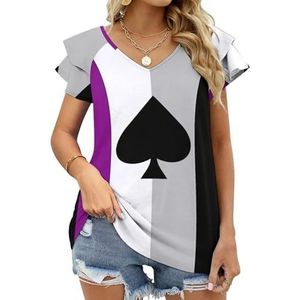 Aseksuele vlag met hart grafische blouse top voor vrouwen V-hals tuniek top korte mouw volant T-shirt grappig