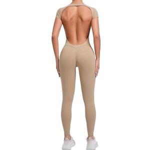 Sexy yoga-set, blote rug, eendelig, romper voor dames, sneldrogende yogakleding, trainingsbodysuit, uitlopend sportpak voor dames (bruin, L)