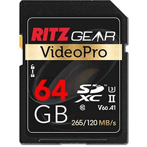 RitzGear Extreme Performance Video Pro 64 GB 4K Ultra HD SDXC U3 V60 A1 Geheugenkaart (Lezen 265mb/s 120mb/s Schrijven)
