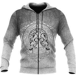 Heren Viking Celtic Crow Sweatshirt, Mode 3D Digitaal Printen Nordic Odin Hamer Tattoo Grijze Vrijetijdsjas, Middeleeuws Paar Outdoor Street Rits Hoodie(Color:Zip Hoodie,Size:L)