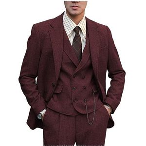 Tuikayoo Herenkostuum formeel tweed wol visgraat 3 stuks bruiloft slim fit pak gala smokings voor bruidsgetuigen, Bourgondisch, L