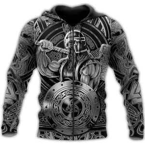 Noorse Mythologie Odin Warrior Sweatshirt, Nieuwigheid Harajuku 3D Full Body Gedrukt Thor Hammer Tattoo Helm Hoodie, Middeleeuwse Viking Pagan Big Pocket Jacket (Color : Zip Hoodie, Size : 3XL)