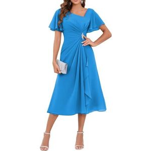 WSEYU Chiffon moeder van de bruid jurken asymmetrische thee lengte moeder van de bruidegom jurken voor bruiloft, Blauw, 34
