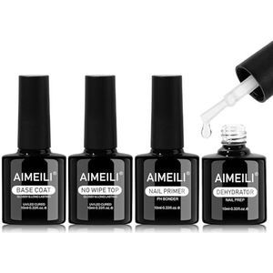 AIMEILI Primer and Dehydrator, Semi-permanent Base and Top Coat Nail Polish, Complete 4 piece Kit 10 ml, Glossy, Fast-drying and Durable for Home or Salon Use