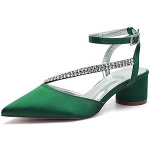 Dames Lage Chunky Blokhak Trouwschoenen voor Bruid Enkelband Pumps Gesloten Teen Satijnen Prom Court Schoenen met Strass steentjes,Groen,36 EU