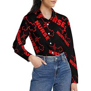 Verpleegster Heartbeat rood kruis damesshirt lange mouwen button down blouse casual werk shirts tops XL