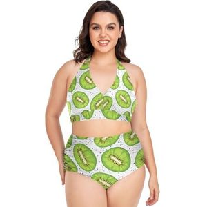 Verse Kiwi Fruit Gesneden Groene Vrouwen Bikini Sets Plus Size Badpak Twee Stukken Hoge Taille Strandkleding Meisjes Badpakken, Pop Mode, XL