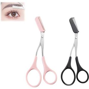 2 stuks, 2 – 1 schaar voor het knippen van wenkbrauwen, wenkbrauwschaar voor heren, schaar met kam, wenkbrauwschaar, trimmer, voor snoeien, verzorging, voor dames en heren (roze + zwart)