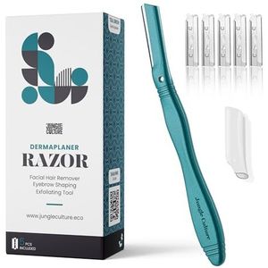 Jungle Culture Dermaplane Razor - Wenkbrauwvorming, precisie-peeling en ontharing voor een stralende, gladde huid - Dermaplaning gezichtsscheermes met 5 vervangbare mesjes - zero-waste - Blauwgroen