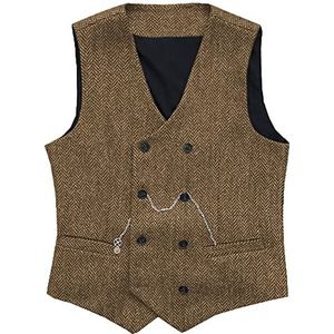 Heren Visgraat Vest met dubbele rij knopen Wollen Business Tweed gilet kleedt slank af(Large, bruin)