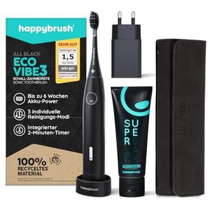 happybrush® Elektrische sonische tandenborstel Eco VIBE 3 - Duurzame tandenborstel met 6 weken power batterij (Zwart, 1x AllBlack Set)
